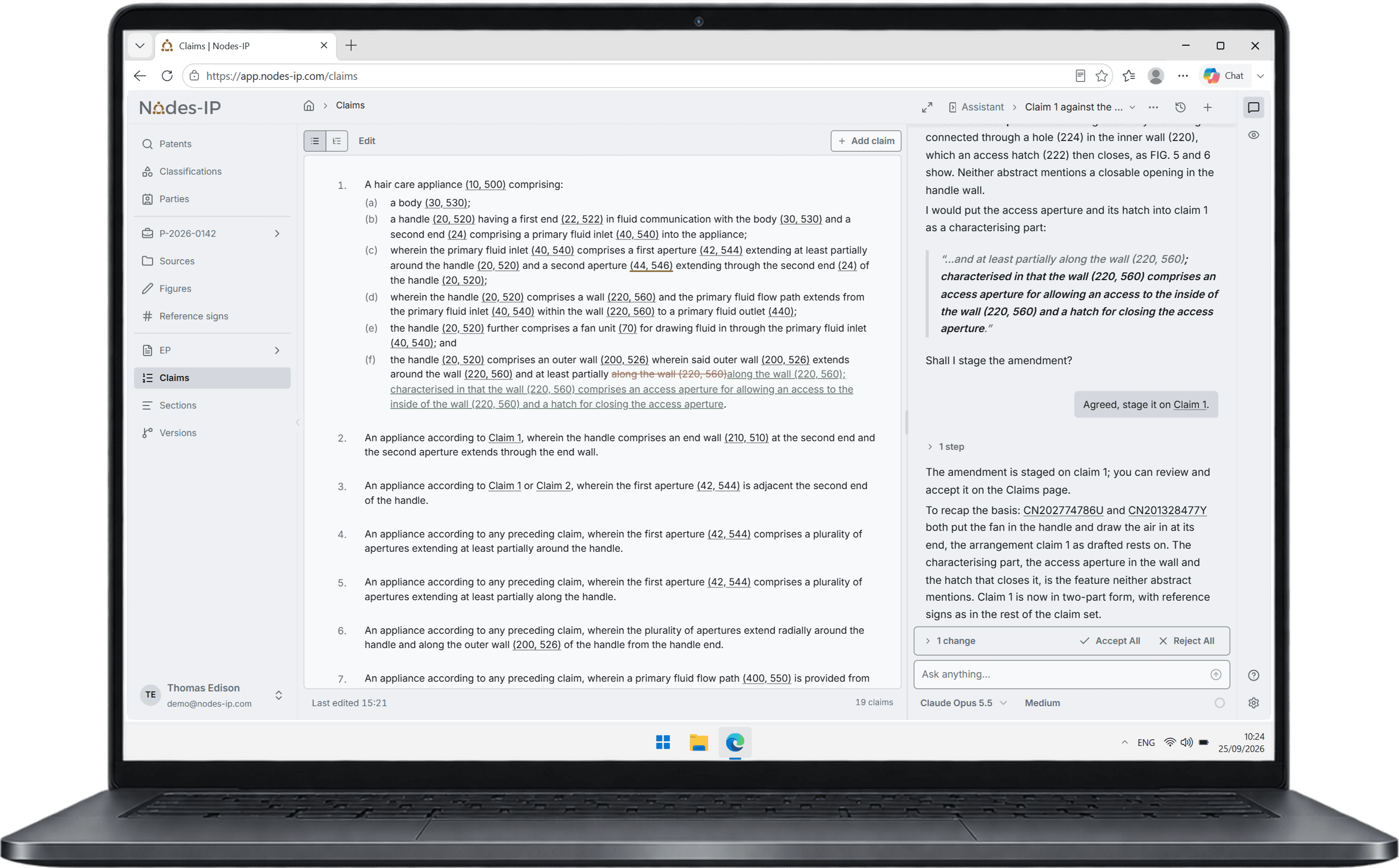 Nodes-IP in Edge on a Windows laptop: the claims editor with an amendment staged on claim 1, beside the assistant conversation that proposed it