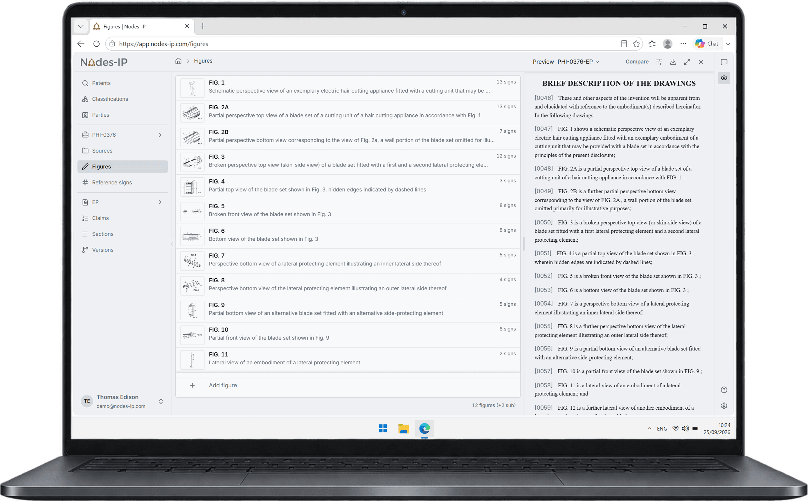 Nodes-IP in Edge on a Windows laptop: the figures of a live matter, beside the preview of the assembled application open at the brief description of the drawings