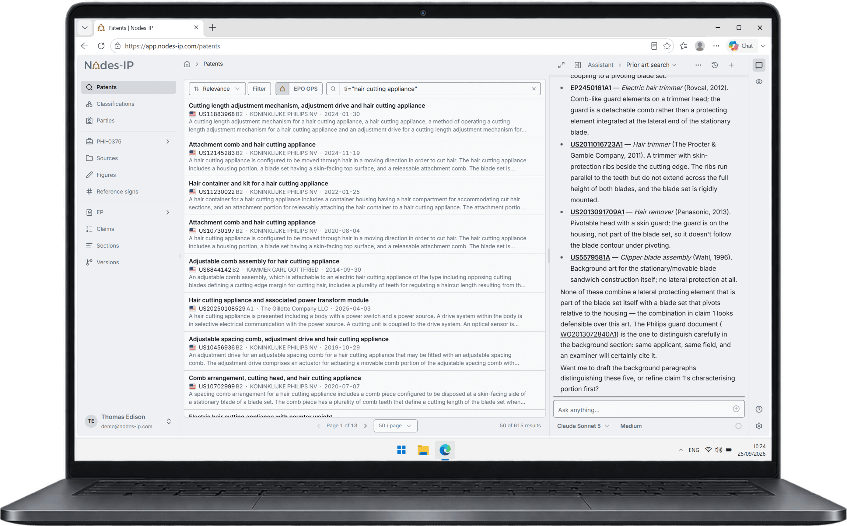 Nodes-IP in Edge on a Windows laptop: patent search results for a title query, beside the assistant's prior art search for the same invention