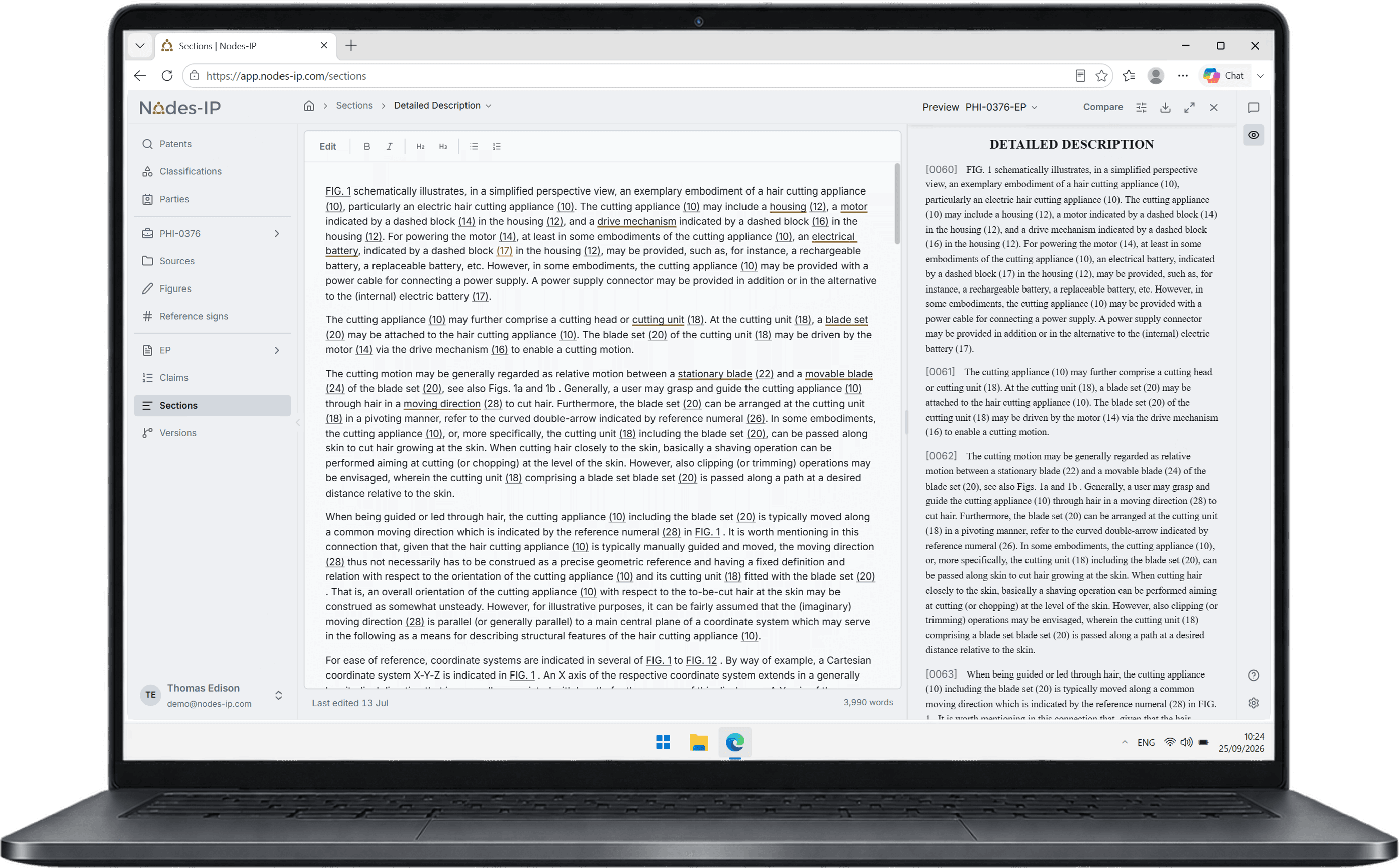 Nodes-IP in Edge on a Windows laptop: the detailed description in the section editor, beside the preview of the assembled application open at the same section
